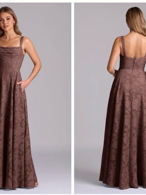 Azazie Espresso Pleated Floral Burnout Maxi Dress